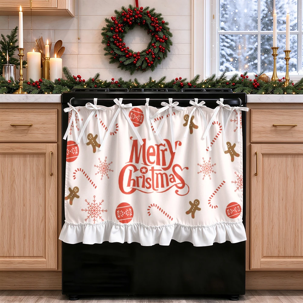 1PC lace up kitchen curtain, ruffled hem, 2D flat Gingerbread Snowman pattern, cabinet cover curtain, Christmas home decoration