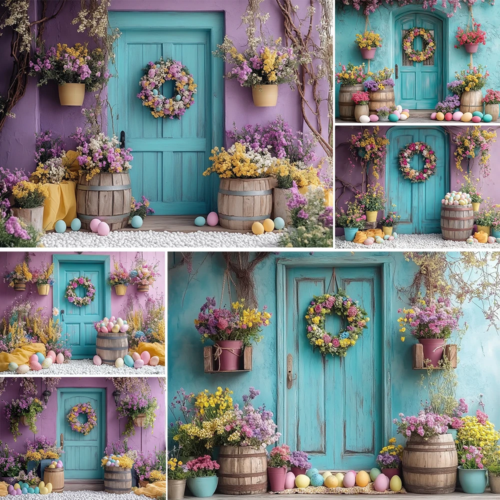 Spring Easter Photography Background Easter-Eggs Wreath Decoration Backdrops Baby Shower Holiday Portrait Photo Studio Props