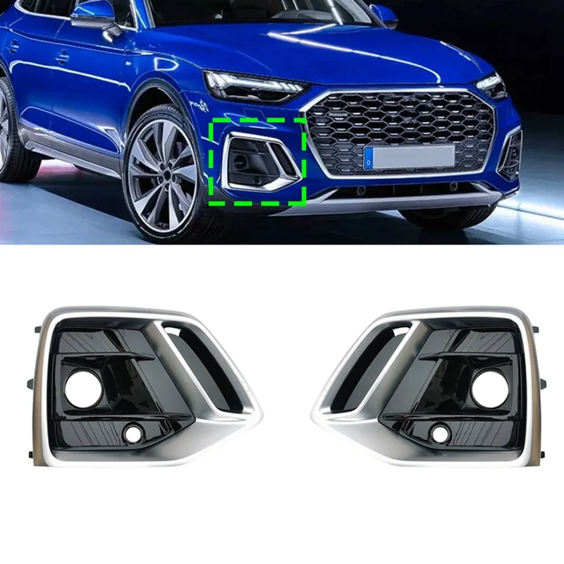 

1Pair Car Silver+Black Front Bumper Fog Light Cover Bezel Racing Grille With ACC Hole For Q5 2021 2022