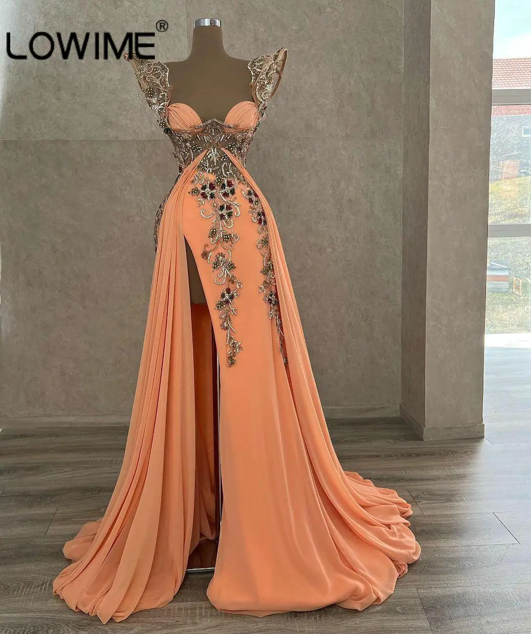 2022 árabe elegante luxuoso frisado cristais sereia vestidos de noite sexy alta fenda festa formal segunda recepção aniversário vestidos