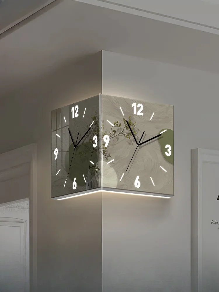 Wabi Silent Wind Living Room Corner Double Sided Wall Clock Abstract Simple Corner Clock Luminous Wall Light No Punching Wall Cl