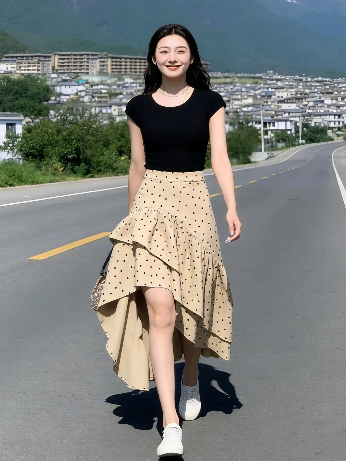 High Waist Asymmetrical Pleated Midi Skirt Women's A-Line  Skirt Summer New Style Kaki Color Polka Dot Lace Hem Skirt