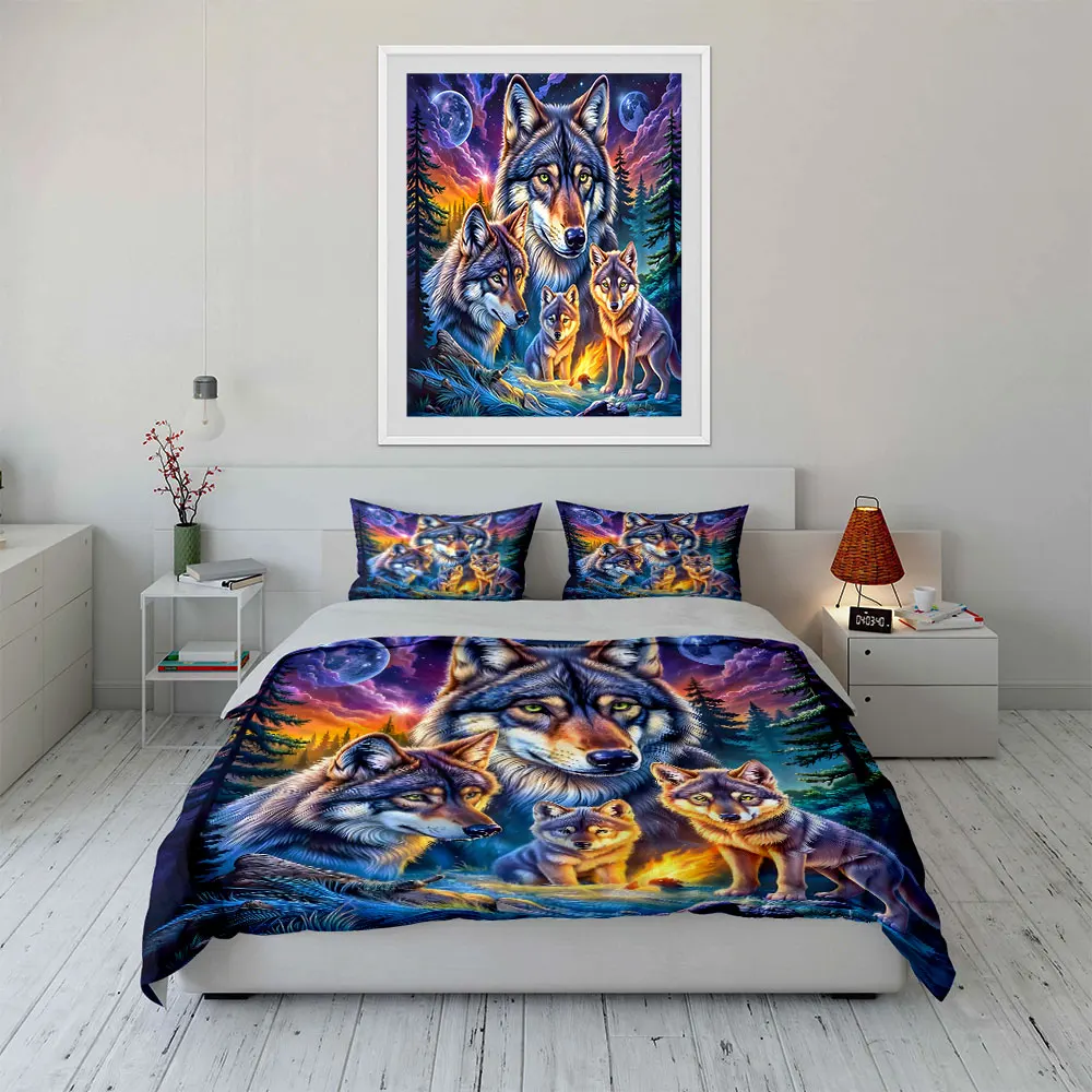 Wolves in forest night Pattern Duvet Cover Set Digital Print Colorful Polyester Bedding with Zipper Closur for kids gifts