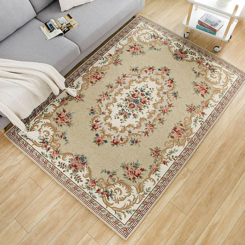 Retro Luxury Persian Turkish Carpet For Home Living Room Bedroom Beige Carpet Soft Rose Rug Chenille Jacquard Woven Rug Washable