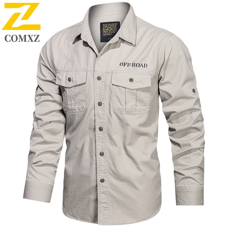 New Autumn Shirt Men's High-end Pure Cotton Multi-pocket Cargo Shirts Sports Outdoor Camping Comfortable Long-sleeved T-shirt