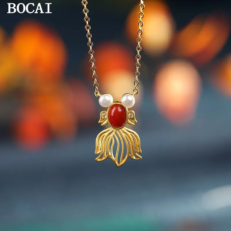 

BOCAI S925 Серебряный маленький и стильный женский кулон из южного красного агата с золотой рыбкой