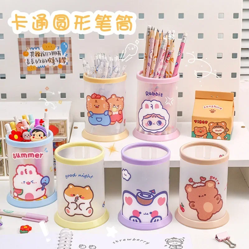 Kawaii Transparent Acrylic Pen Holder Desktop Organizer INS New Fashion Cute Bear Bunny Office Stationery Cosmetics Storage Box