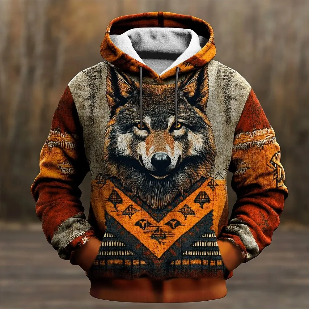 

3D Print Vintage Wolf Pattern Hoodies For Men Autumn Winter Outdoor Casual Long Sleeve Pullover Loose Comfortable Hooded Clothes