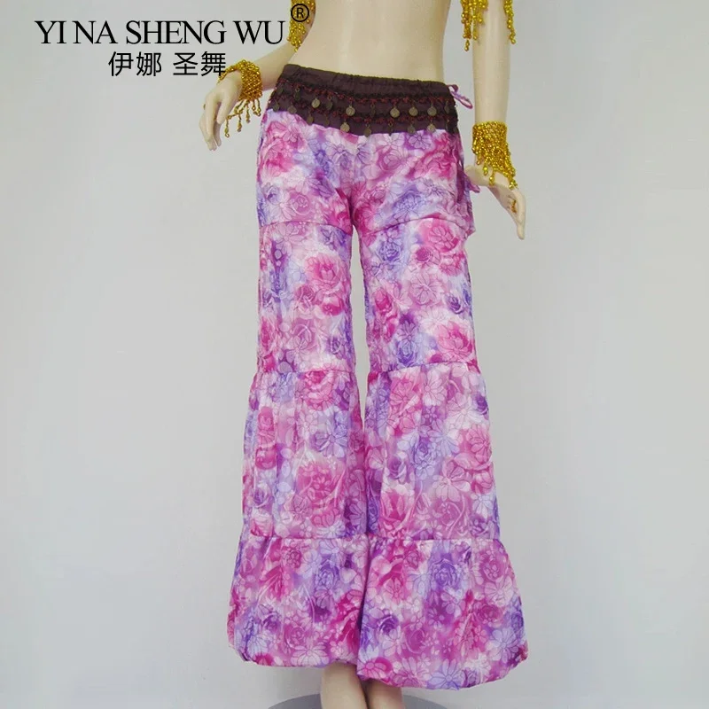 Damskie spodnie do tańca brzucha, szyfonowe, z kwiatowym wzorem, luźny krój, indyjski orientalny kostium taneczny do ćwiczeń, odzież taneczna dla tancerek.