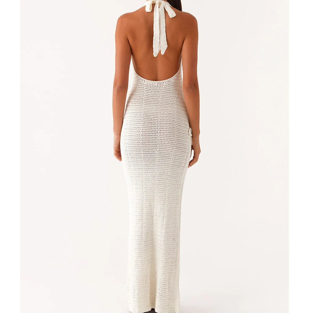 ผู้หญิงวินเทจถัก Halter Maxi ชุด 3D ดอกไม้ Bodycon ชุดยาวเซ็กซี่สปาเก็ตตี้สายคล้องคอ Backless ค็อกเทลปาร์ตี้ Sundress