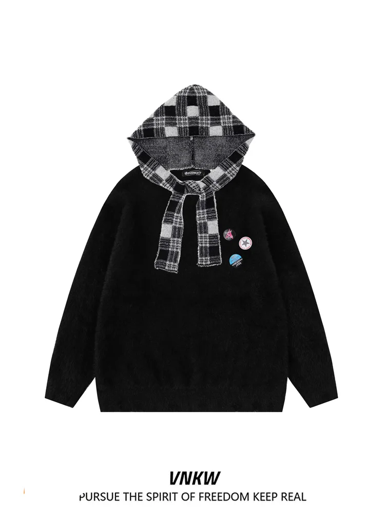 

American Retro Plaid awl Hoodie Knitted Sweater Men Women Casual Loose Match Couples Leisure Sweater Youth Autumn Long Sve