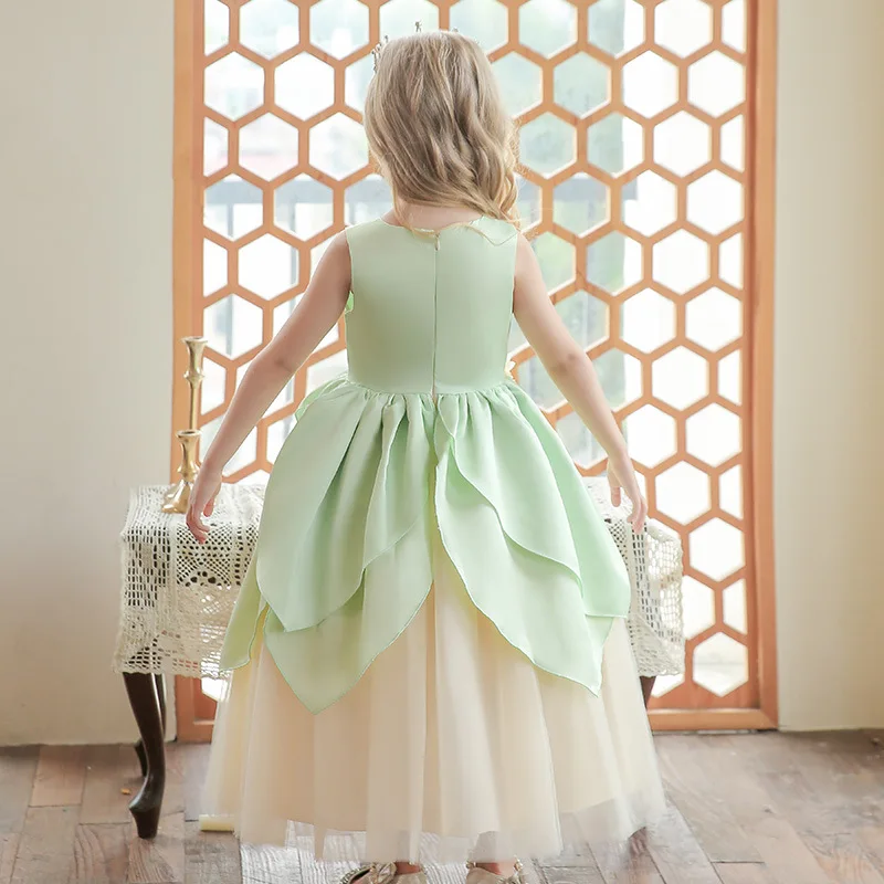 Elegant Green Flower Girl Dress Mori Style Girl's Birthday Dress Princess Tiana Flower Petals Halloween Costume Cosplay Gown