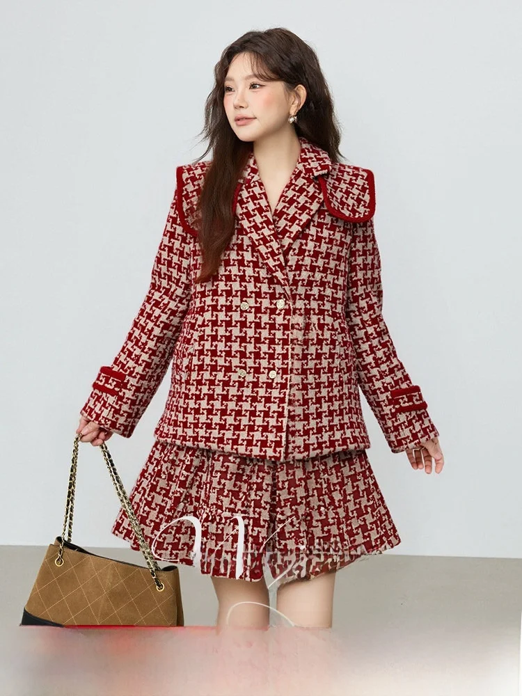 

Винтажный женский костюм больших размеров Ele: плиссированная юбка с высокой талией и пальто с длинными рукавами, новинка зимы 2025