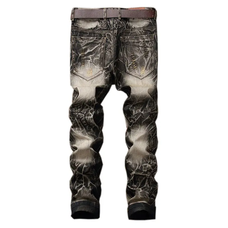 Street Embroidered Wings Ripped Popular Jeans Men's Trousers Retro Boots Cut Men's Straight Slim Fit Jeans Cargo Denim Pants