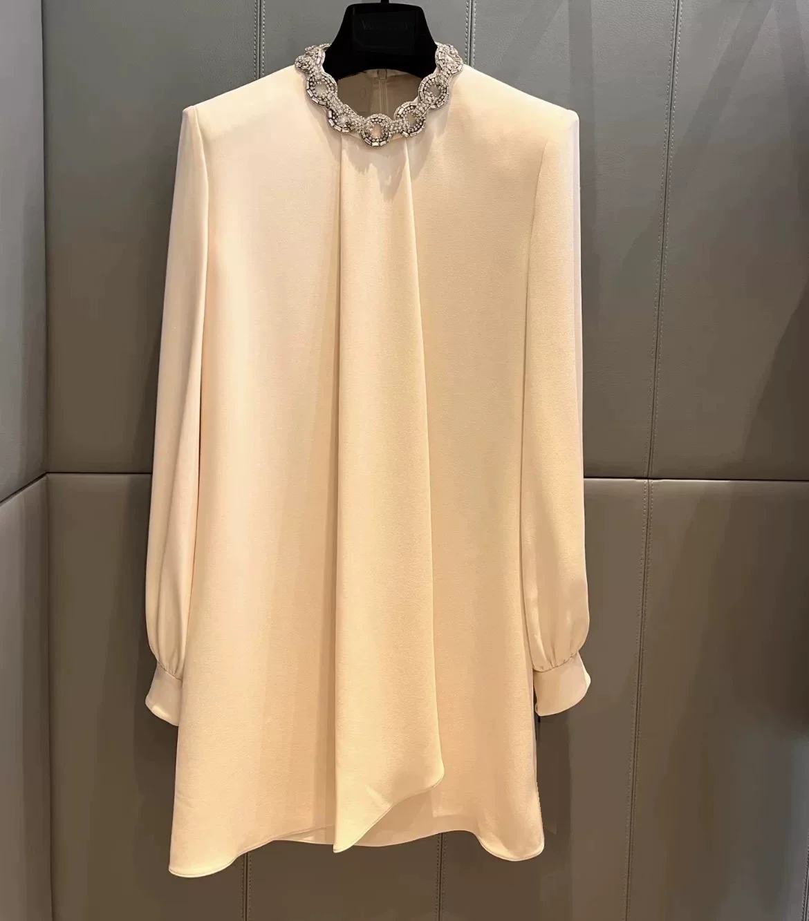 New Autumn Beige Women 100% Silk Mini Dress Luxury Rhinestone Long Sleeve Straight Party Dress With Flowing Sash