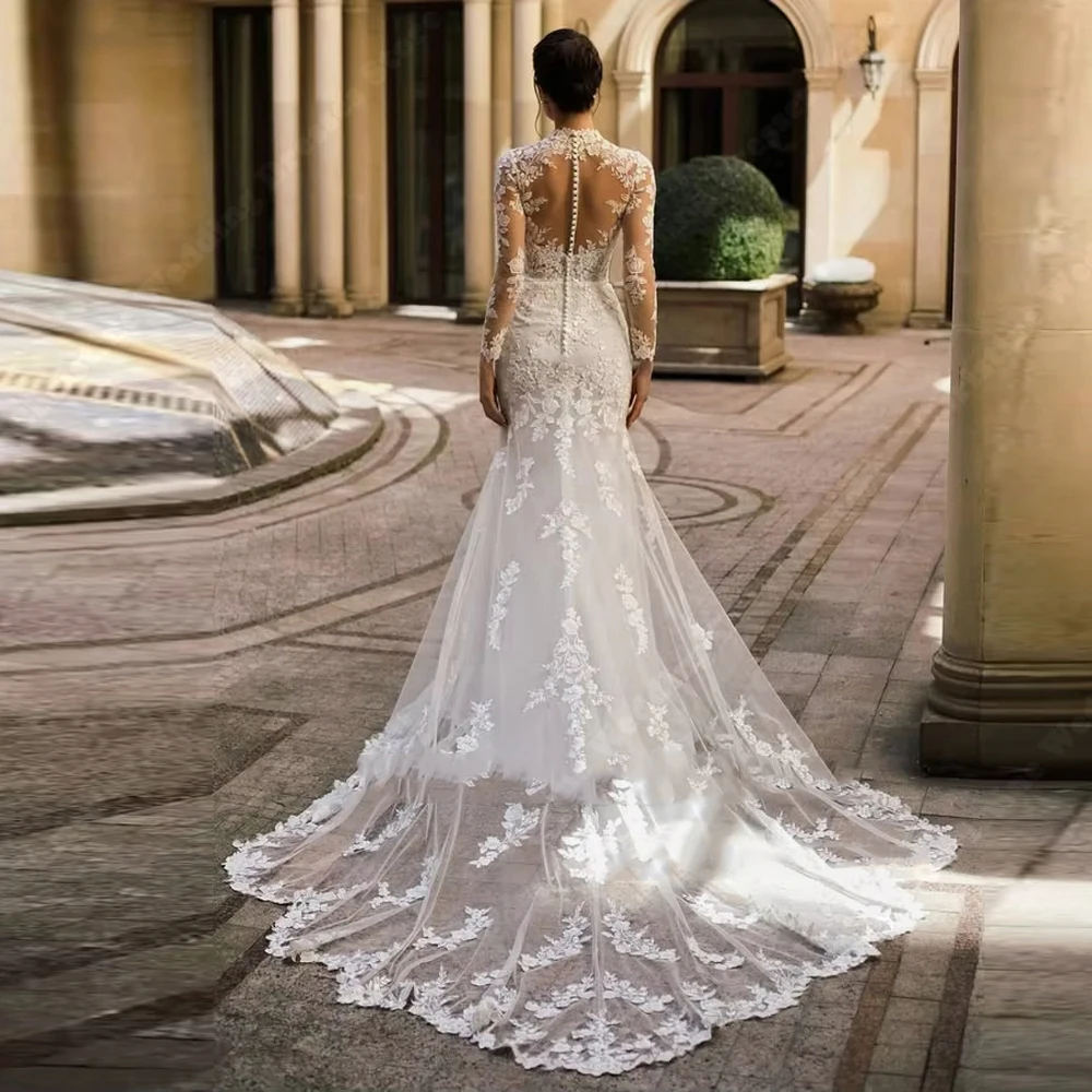 فساتين زفاف أنيقة بأكمام طويلة للنساء فساتين زفاف مثيرة من الدانتيل مطبوعة بحورية البحر بطول التطهير فيستدو دي نوفيا مخصصة