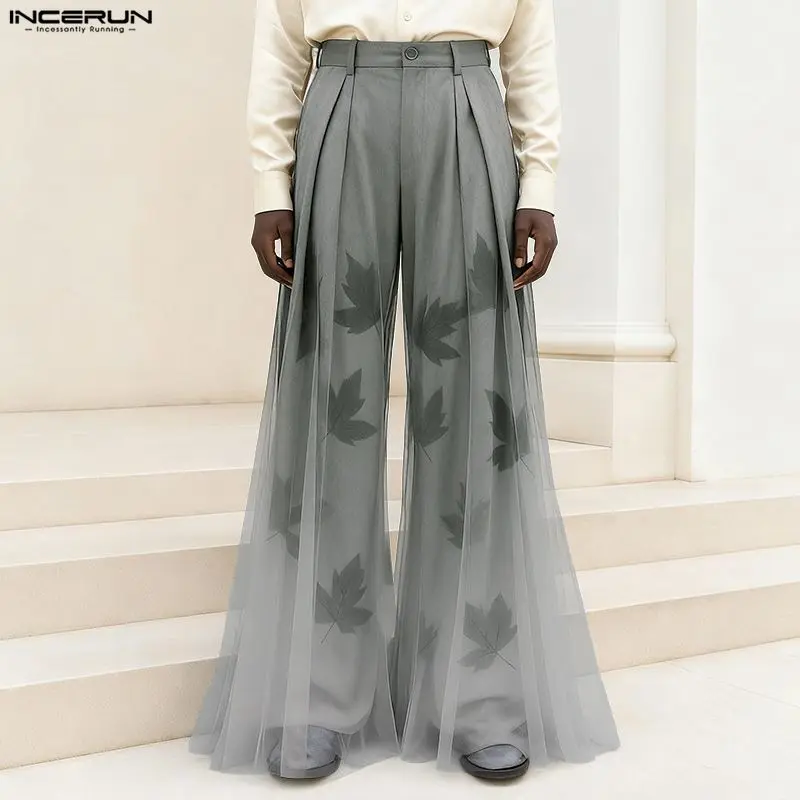 

INCERUN Men Pants Mesh Printing Patchwork Button Joggers Wide Leg Trousers Men Streetwear Loose Fashion Casual Long Pants S-5XL