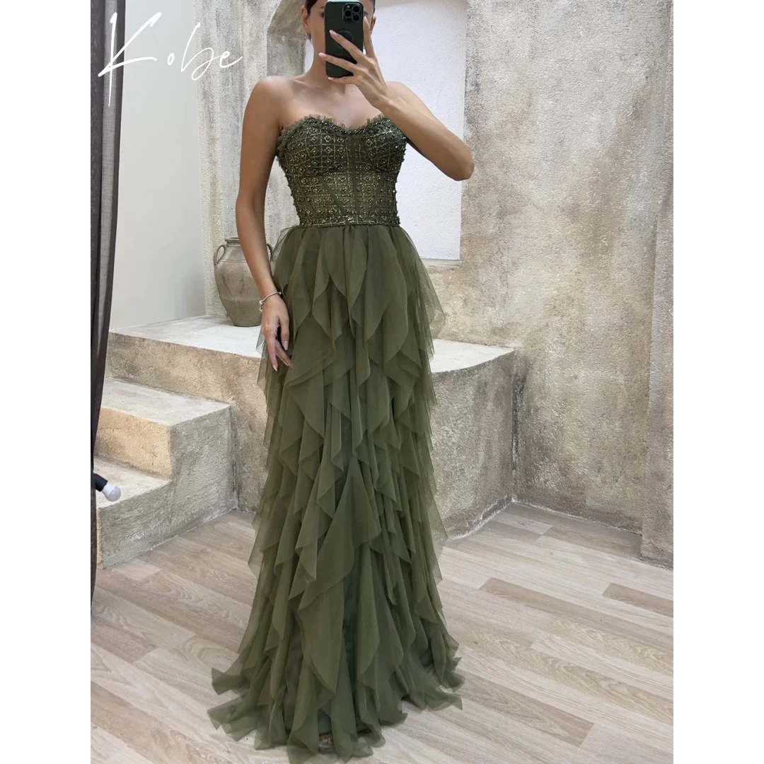 

Kobe Green A-Line Prom Dresses Strapless Sleeveless Customized فساتين سهرات Floor-Length vestido de gala noche mujer