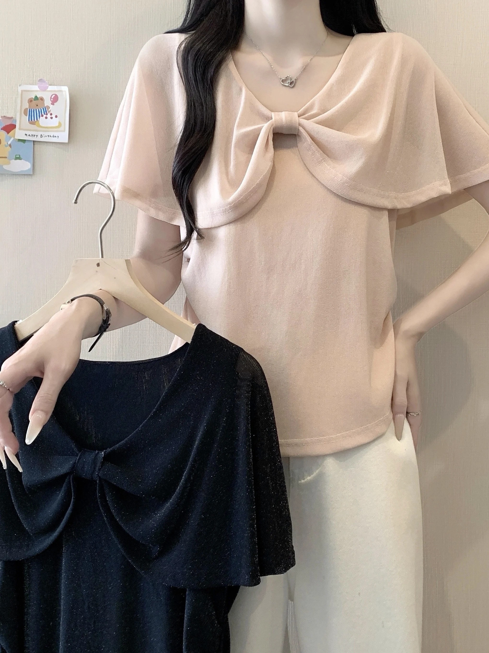 

plus Size Women's Knot Short Sleeve T-Shirt Summer New Style Slimming Versatile Design Sense Twist Top Pure Desire ...
