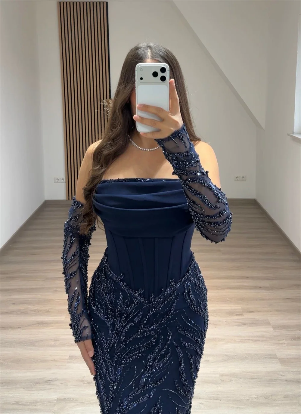 Cathy Customized Navy Blue Exquisite Lace Prom Dress Detachable Sleeves Mermaid vestidos de noiva Floor-length Evening Dresses