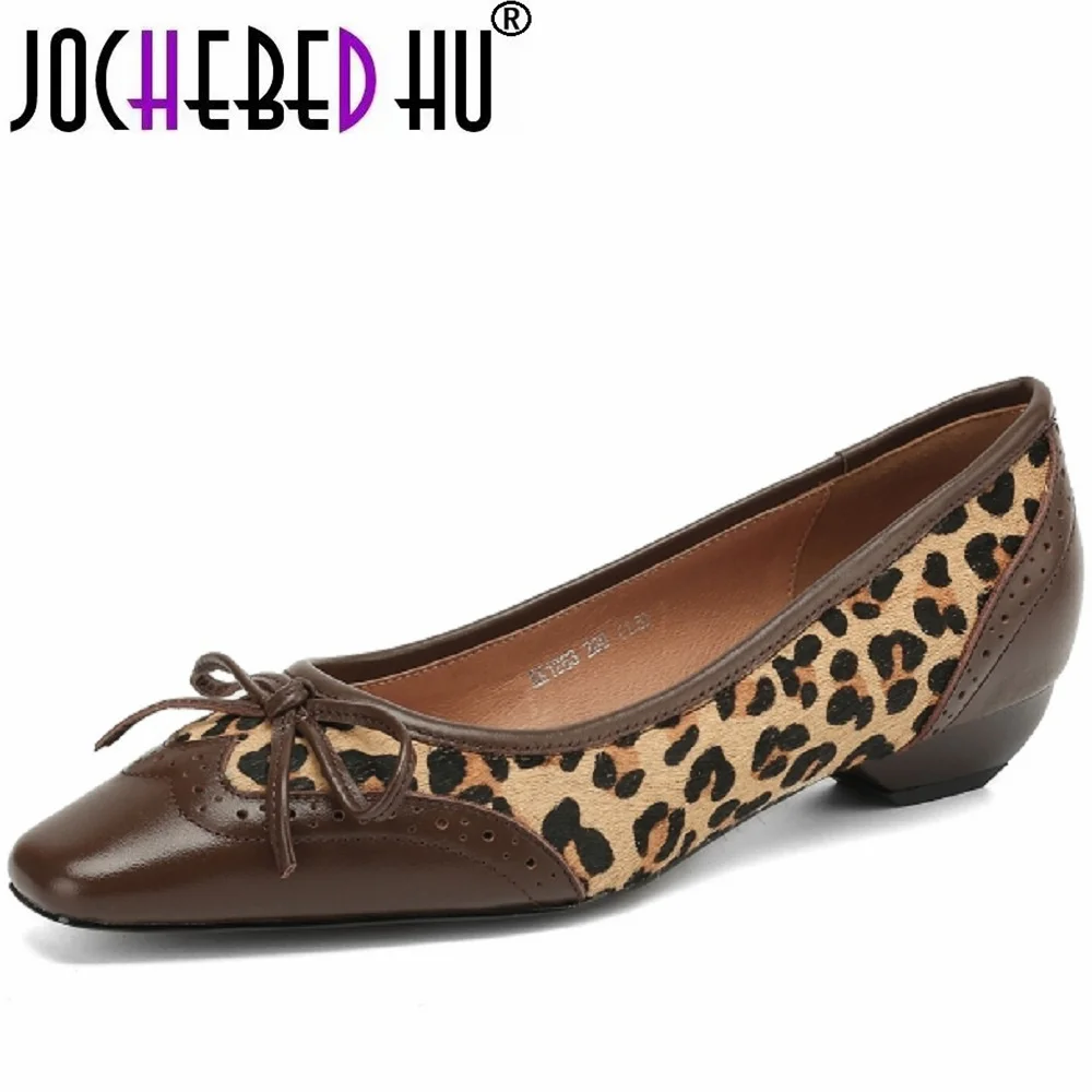 【JOCHEBED HU】New Woman Handmade Mid Heels Comfort Leopard Loafers Women Genuine Leather Luxury Quality Pumps Women Shoes 34-40