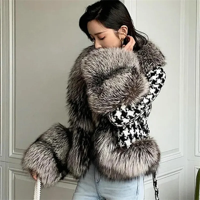 Fox Fur Grass Coat Women Short Thousand Bird Grid Double Faced Fleece Collar 2024 Small Fragrant Style Imitation Fur Coat Female