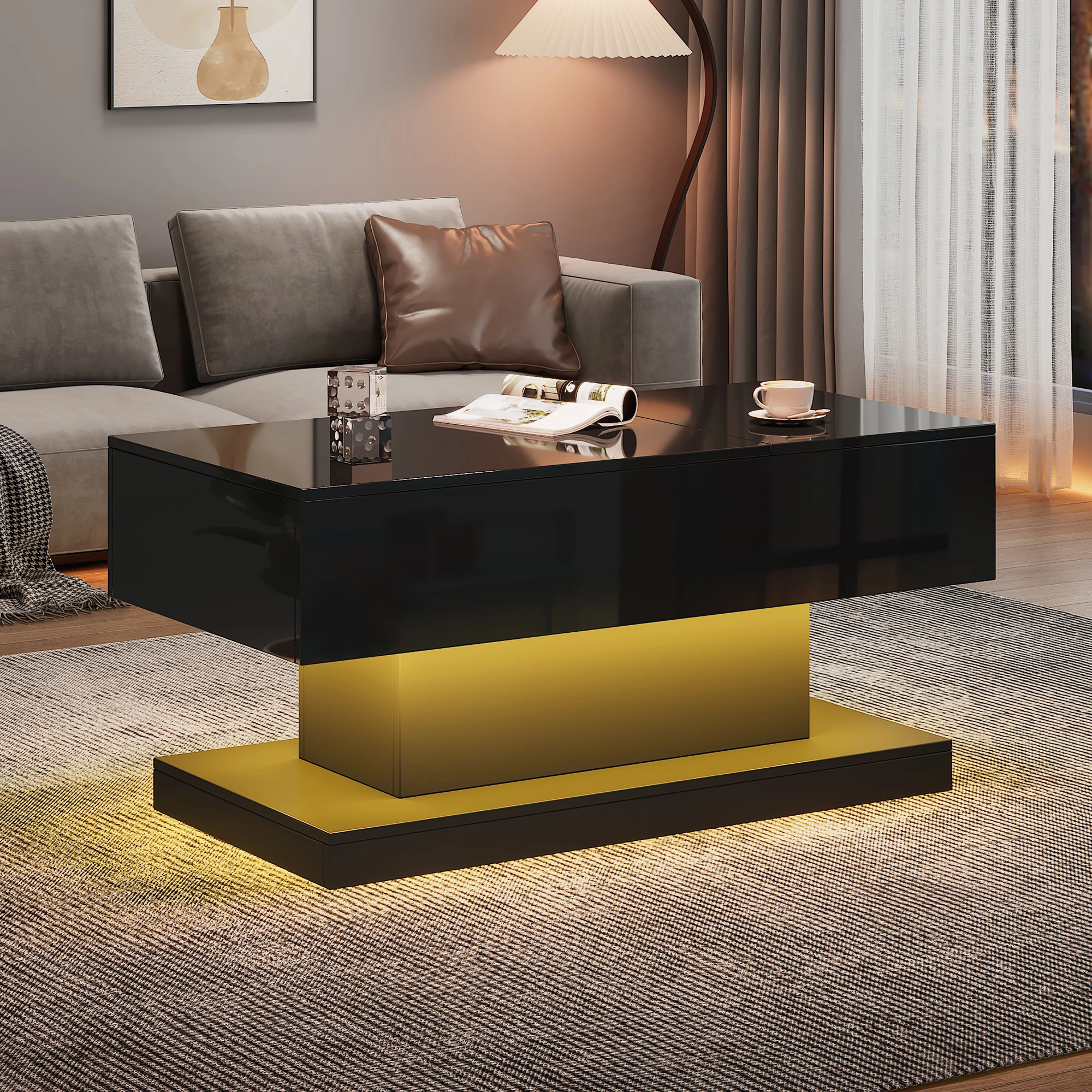 High-gloss folding tea table LED coffee tables 100 x 50 x 4cm with LED lighting semi-liftable tabletop and side-sliding design