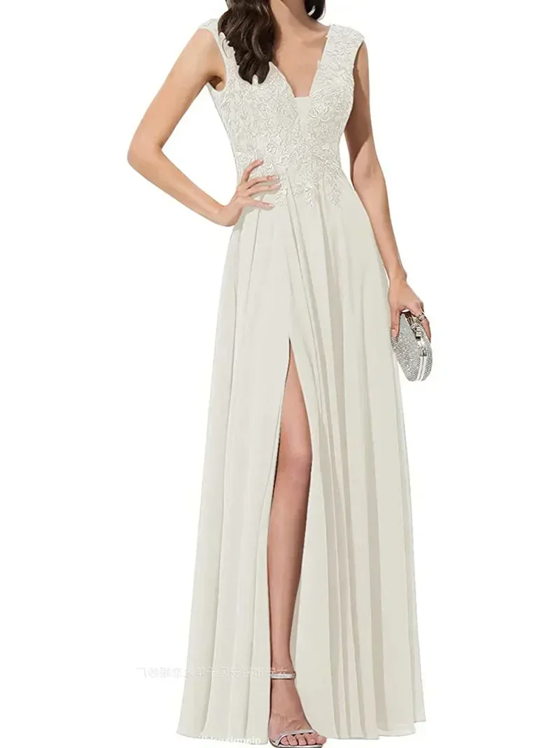 Customized Elegant Blue Evening Dress Chiffon V-back Sweet High Side Slit Appliques Lace Prom Dresses Vestidos Para Fiesta De Dí