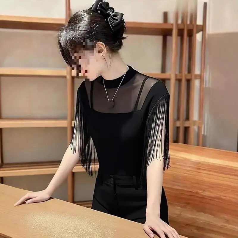2026 Spring Summer New Women Clothing French Style Beautiful Black Tassel Tops Fashion Versatile Elegant Wind Waist T-shirt Tops