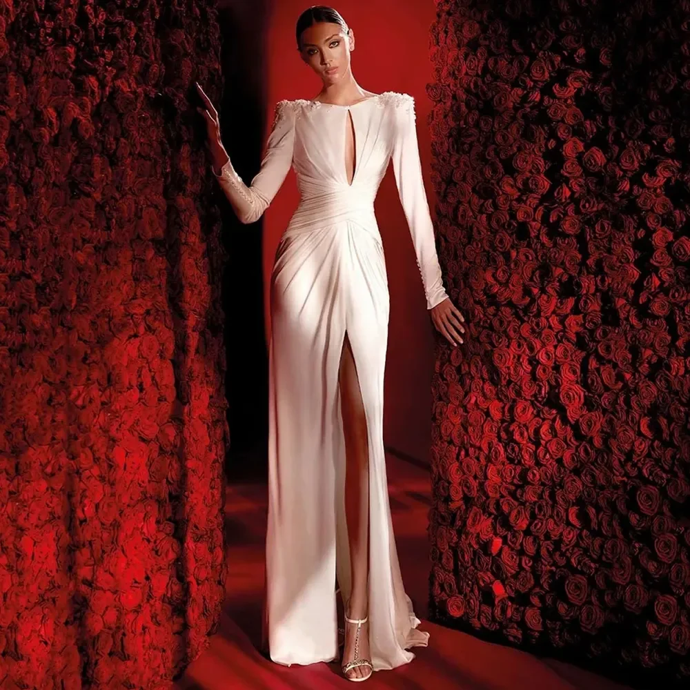 Robe de soirée sirène blanche à manches longues pour femmes, robe de Rhformelle, fente haute, mariage, fête d'anniversaire, sexy, luxe, 2024