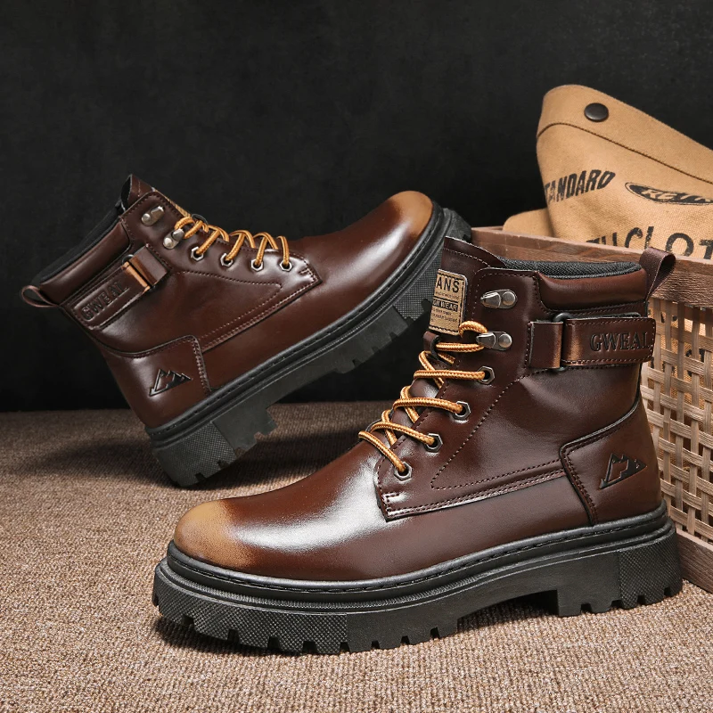

Autumn Winter Mens Motorcycle Boots High top Biker Shoes Men Brown Ankle Boots Non-slip Outdoor Work Boots Men botas masculino