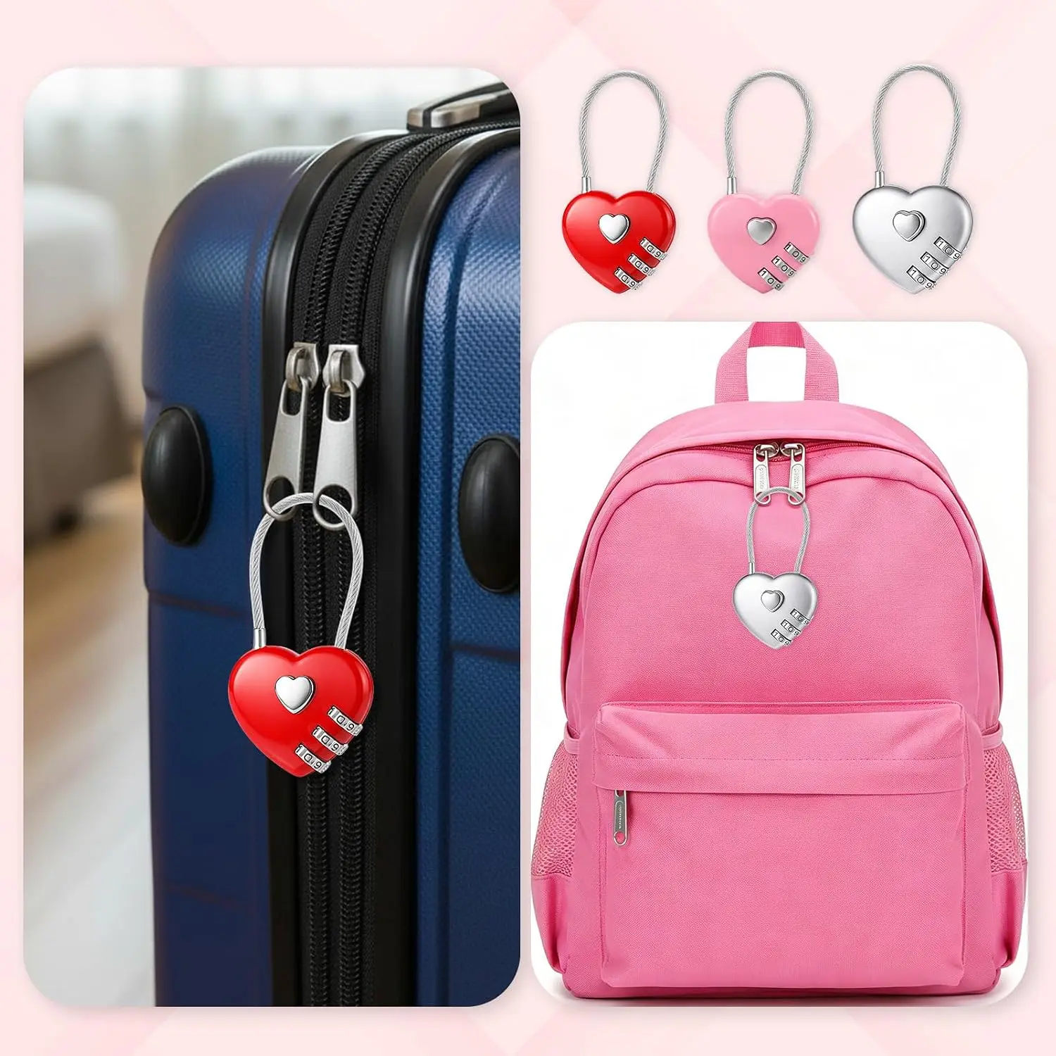 Pink Heart-Shaped 3-Digit Combination Cable Lock – Portable Steel Wire Padlock for Luggage, Locker– Cute Love Lock for Gifts