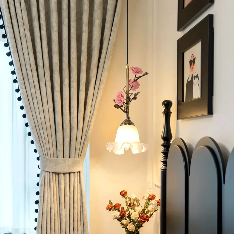 French Retro Pink Ceramics Rose Pendant Lights Flower Shape Glass Hanging Lamps Living Room