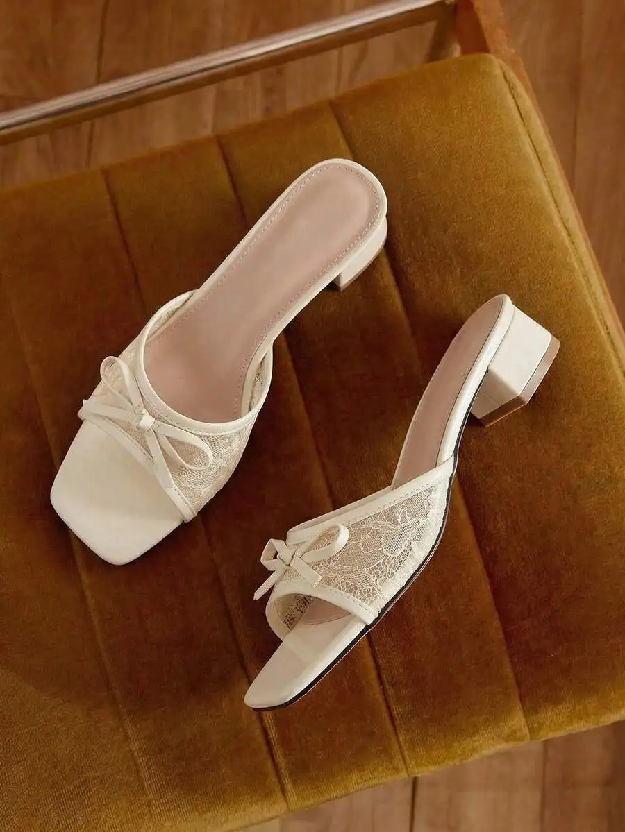 

Mesh Fabric Bow Decor Thong Sandals, Low Heel Non-Slip Roman Slides for Bride Wedding Spring Summer Daily Wear