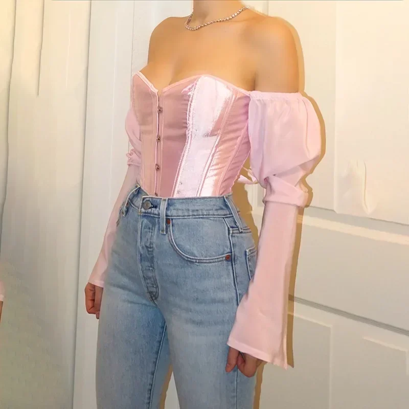 

Shirt Long Sleeve Slash Neck Backless Bandage Sexy Crop Tops Women Patchwork Streetwear T-shirts Gothic Corsets
