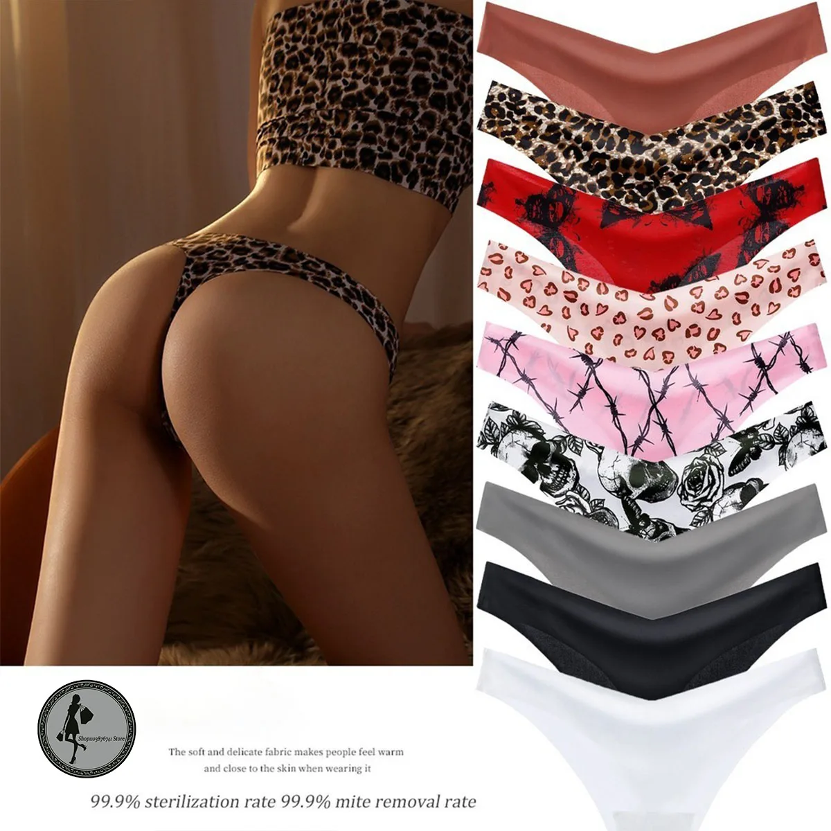 

Women Seamless Thong Set Sexy Low Waist G String T Back Panties V Print Low Waist Ice Silk Panties Comfortable Invisible Panties