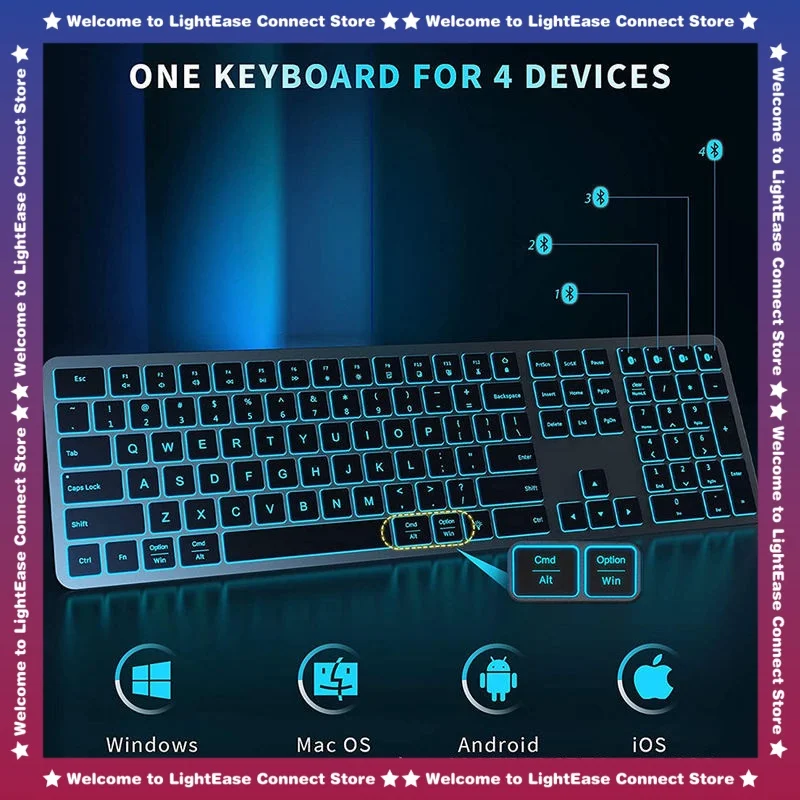 

Многофункциональная клавиатура с Bluetooth, перезаряжаемая беспроводная клавиатура с подсветкой, 110 клавиш, универсальная Мультисистема совместима с Android, Mac