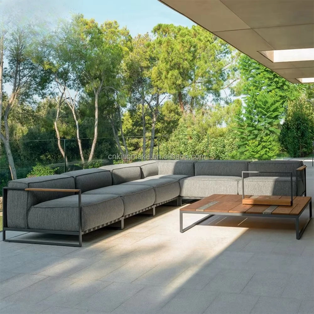 Nordic minimalist outdoor sofa and coffee table set for courtyard, garden, villa and hotel, made of solid wood and aluminum allo