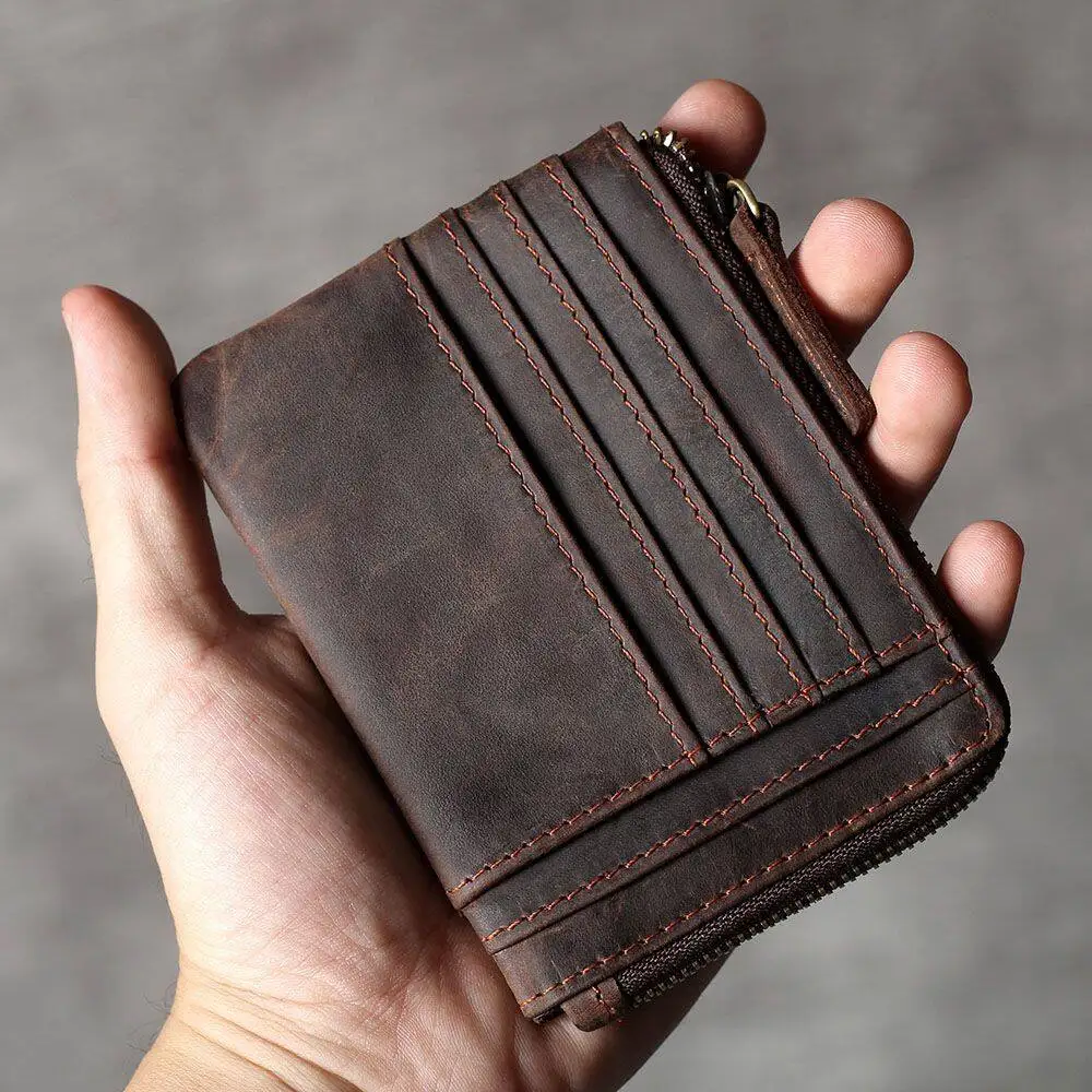 

Multi Card Slot Retro Coffee Handmade Crazy Horse Leather Mens Designer Zipper Coins Wallet Credit Cards Holders Small Pouches