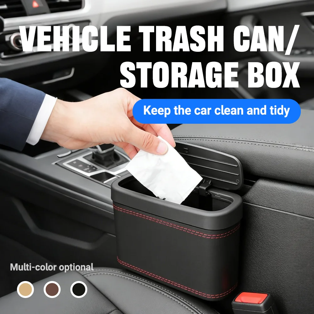 Small Portable Car Trash Can With Easy Pop Up Lid Automatic Door Side Storage Box Waterproof Leak Proof Universal Auto Container