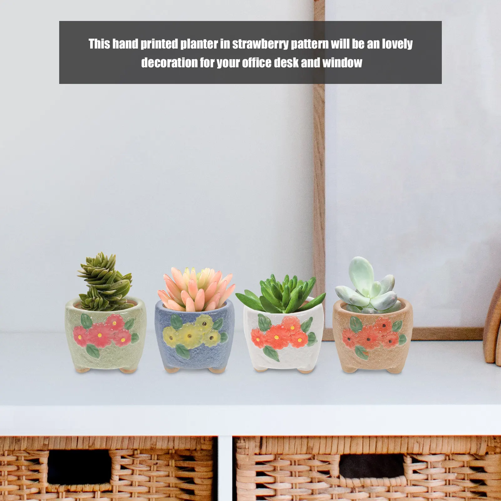 4Pcs Hand Printed Strawberry Ceramic Flowerpots Creative Succulent Planters Decorative Planters for Living Room Window Sill