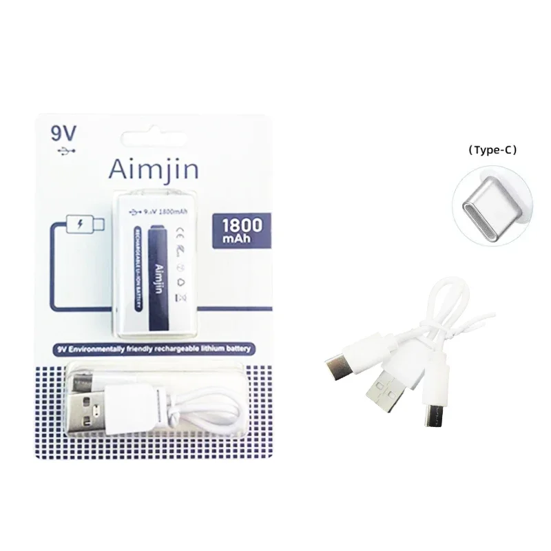 

9V Battery 1800mAh Li-ion Rechargeable Battery Type-C Battery for Multimeter Microphone Toy Remote Control