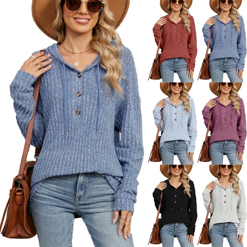 

Women Hooded Knitted Sweatshirt Autumn And Winter New Solid Color Hooded Button Loose Long Sleeved Hoodie Women's Clothing Top