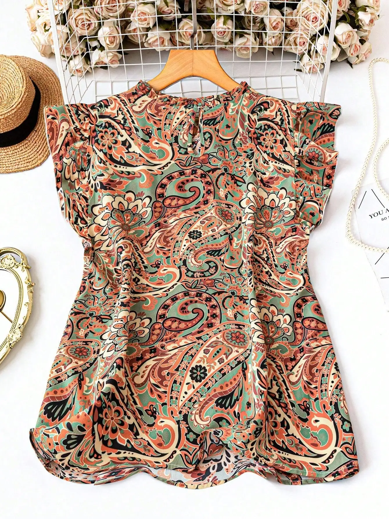 

Women's Plus Size Paisley Print Ruffled Round Neck Flutter Sleeve Loose Blouse Summer