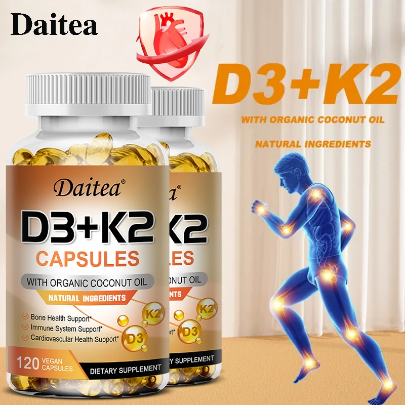 Vitamin D3 + K2 Capsules - Organic Coconut Oil - Regulates Calcium Absorption and Supports Healthy Bone, Heart & Immune Function