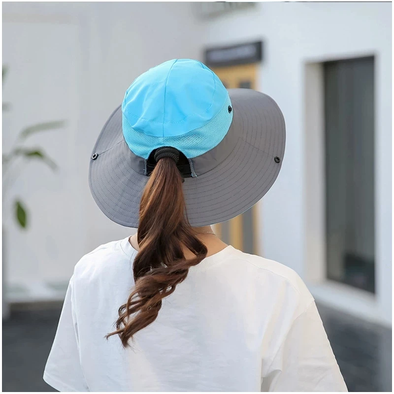 Parent-Child Men Women Summer Foldable Show Ponytail Sun Fisherman Hat Wide Brim Travel Beach Sport Fishing Sunscreen UV Cap V14