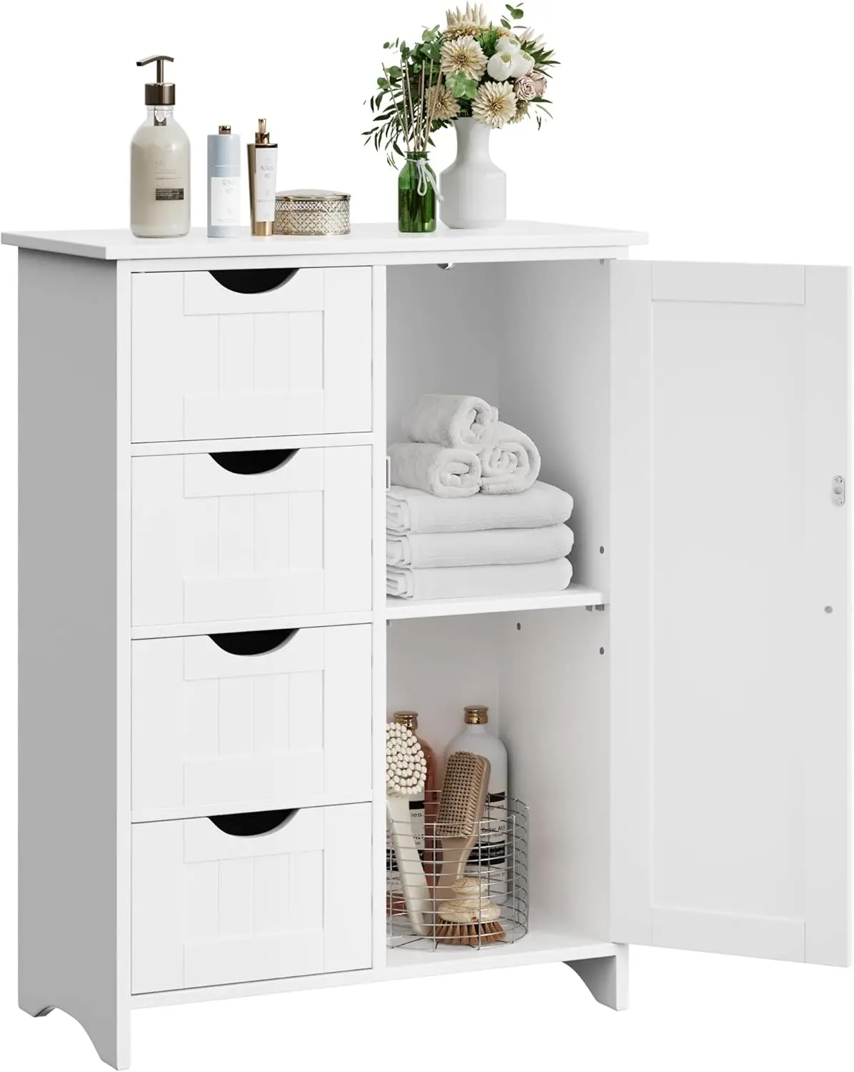 

Bathroom Storage Cabinet, Side Organizer With 4 Drawers And 1 Door, Freestanding Entryway Console Table With Adjustable Shelf,