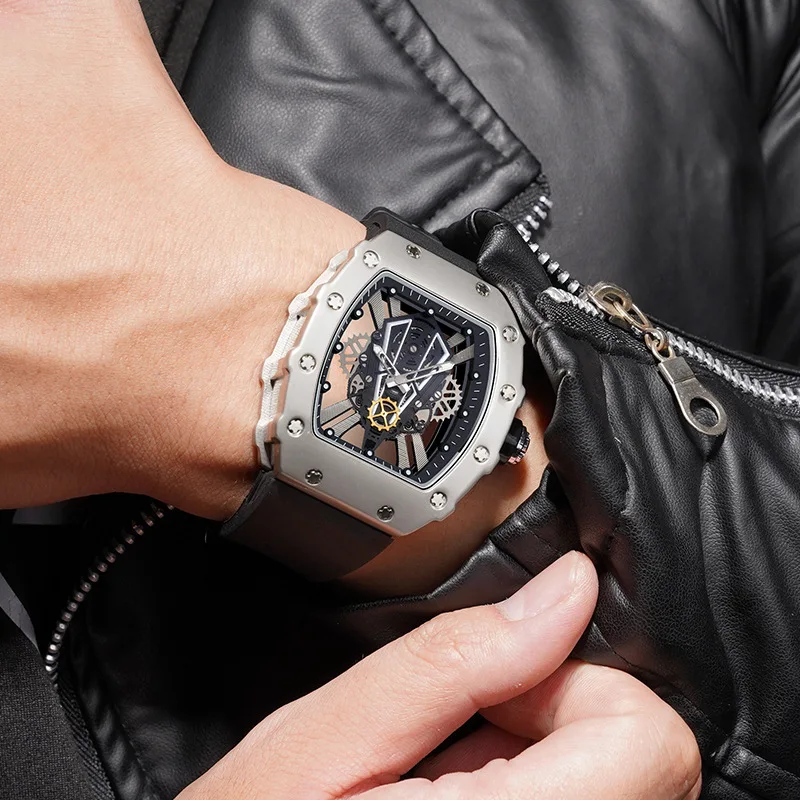 Fashion Stainless Steel Quartz Skeleton Watch Men Silver Black Silicone Strap Analog Wristwatch with Luminous Hands Tonneau