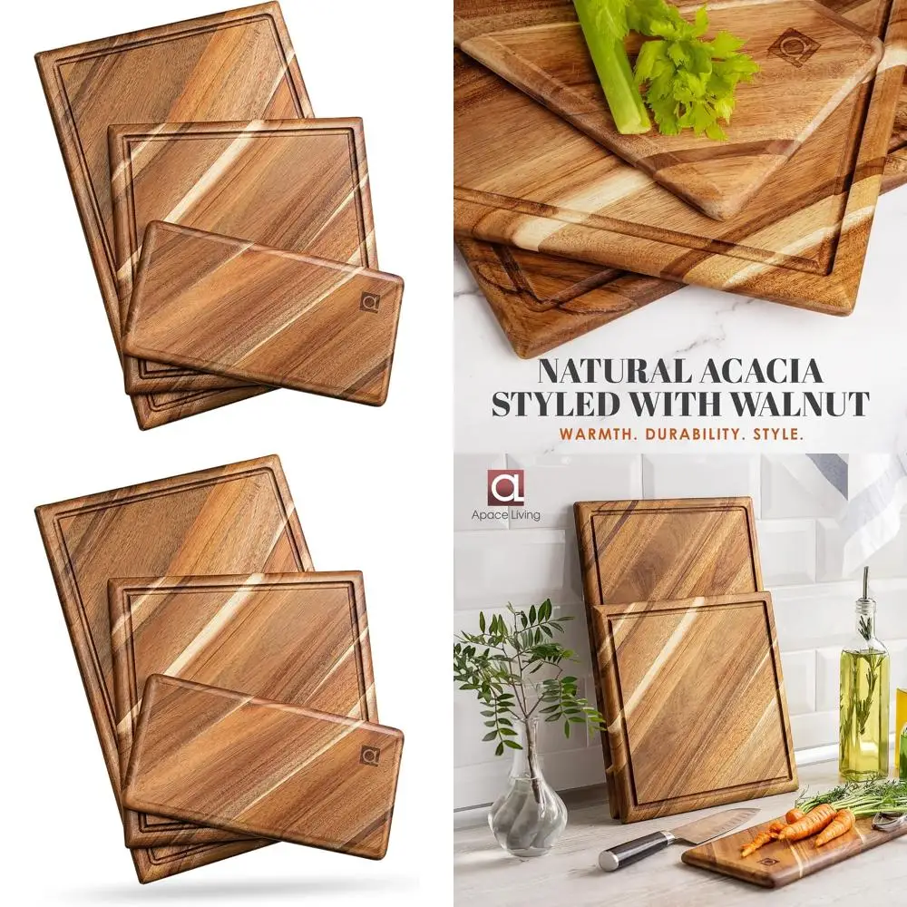 

Acacia Wood 3-Piece Cutting Board Set with Juice Groove - Natural Hardwood Boards for Meat, Vegetables, and Cheese