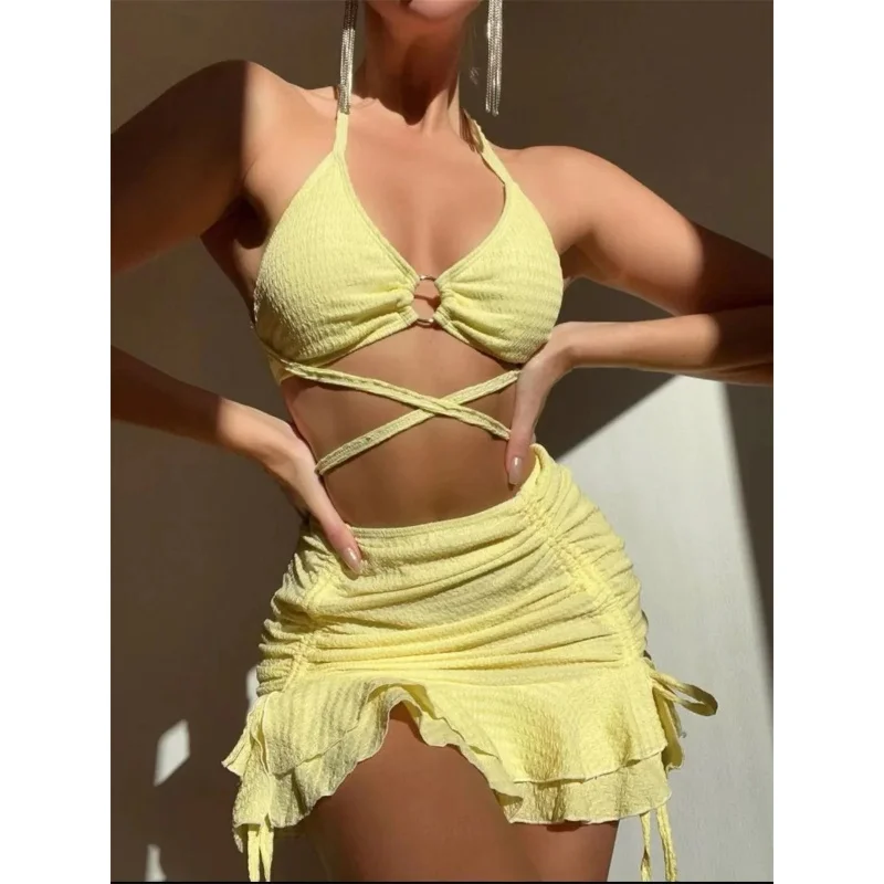 

Sexy 3 Piece Bikini Set Swimwear Women Ring Linked Cross Bandage Bikinis Drawstring Ruffles Skirt Cover Up 2025 New Bathing Suit